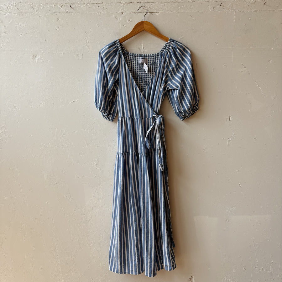 SIZE XS | Blue and White Striped Wrap Dress
